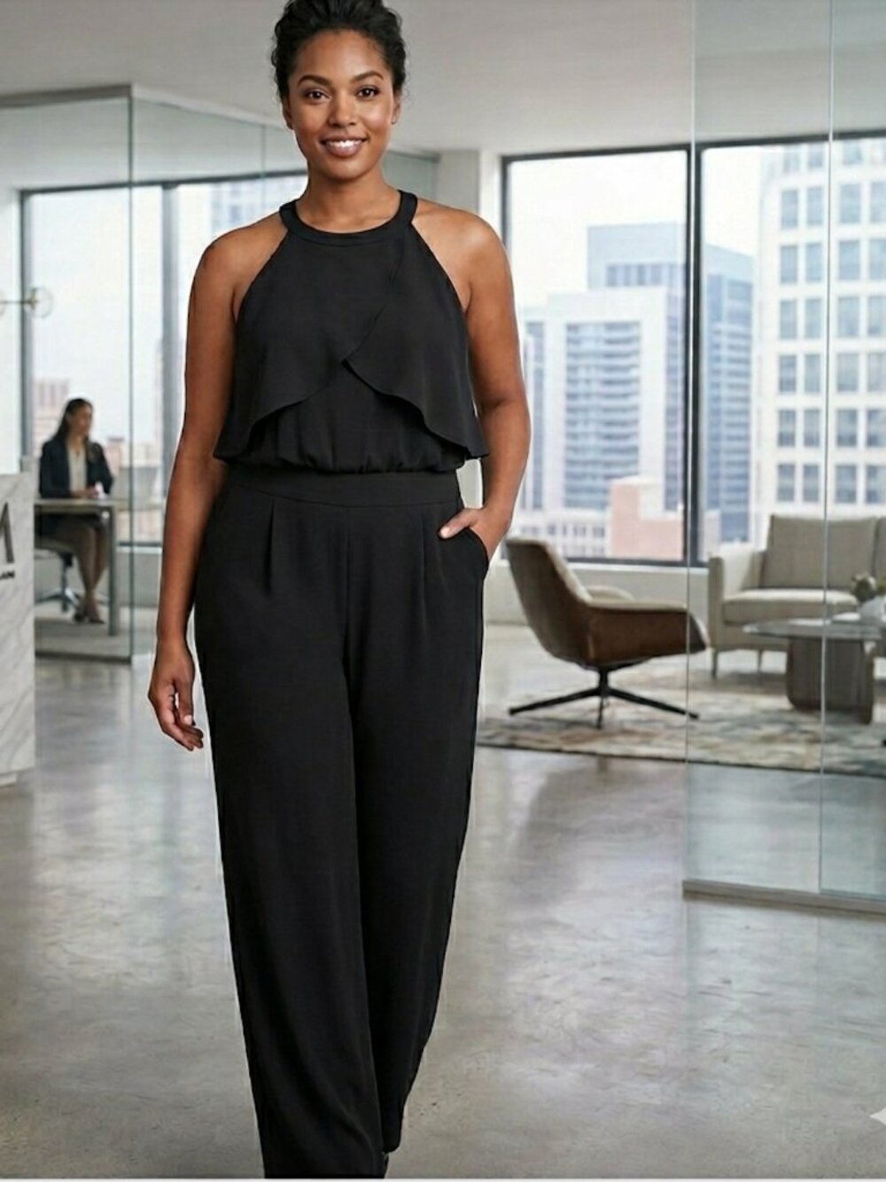 NWT Antonio Melani Women's Size 14 Black Tara JumpSuit Tank Ruffle Top Pockets